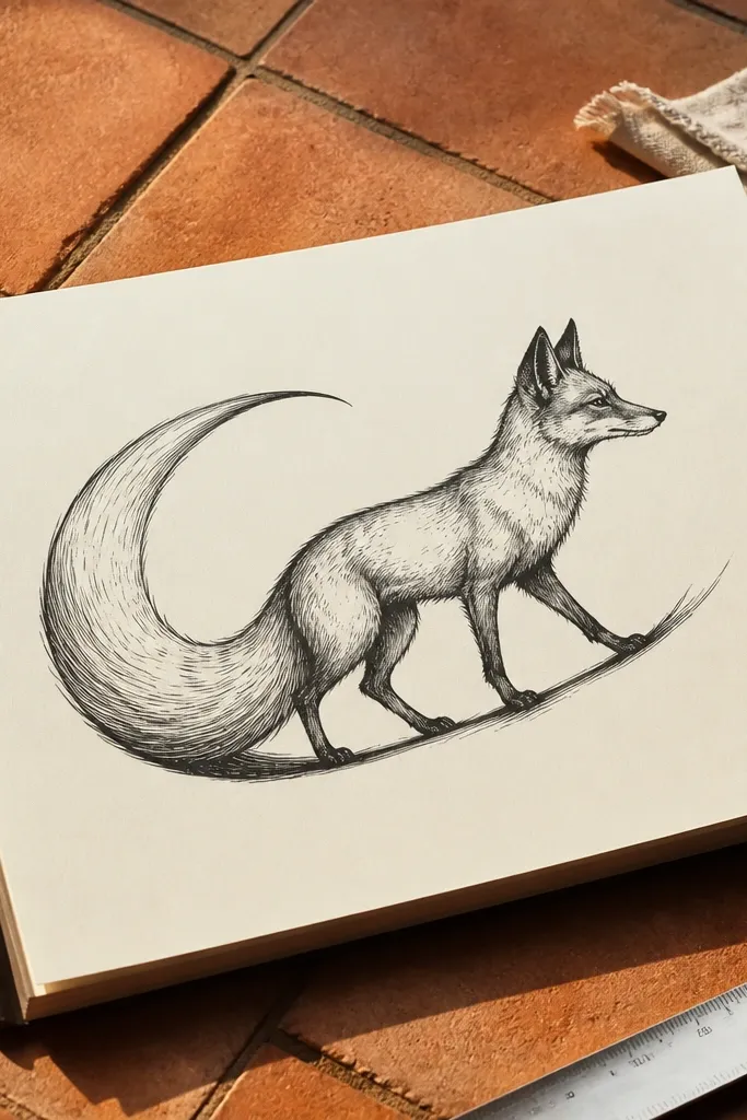 Side fox head with a curled tail hook behind the body