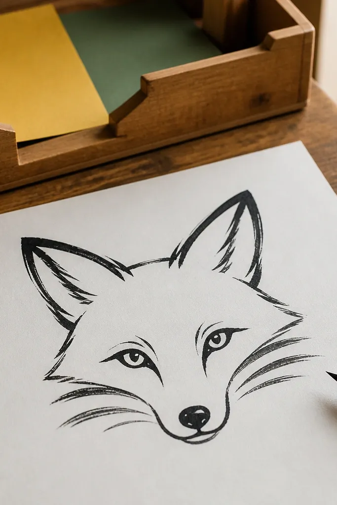 Fox face with three short fur strokes on each cheek area