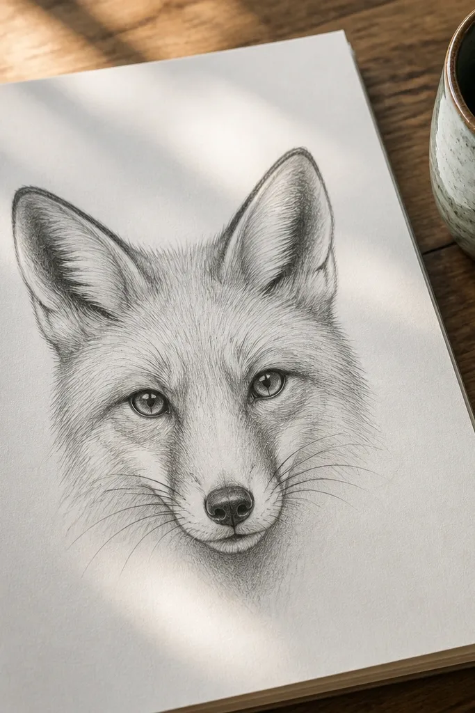 Fox face with a curved muzzle line and a small chin shading area