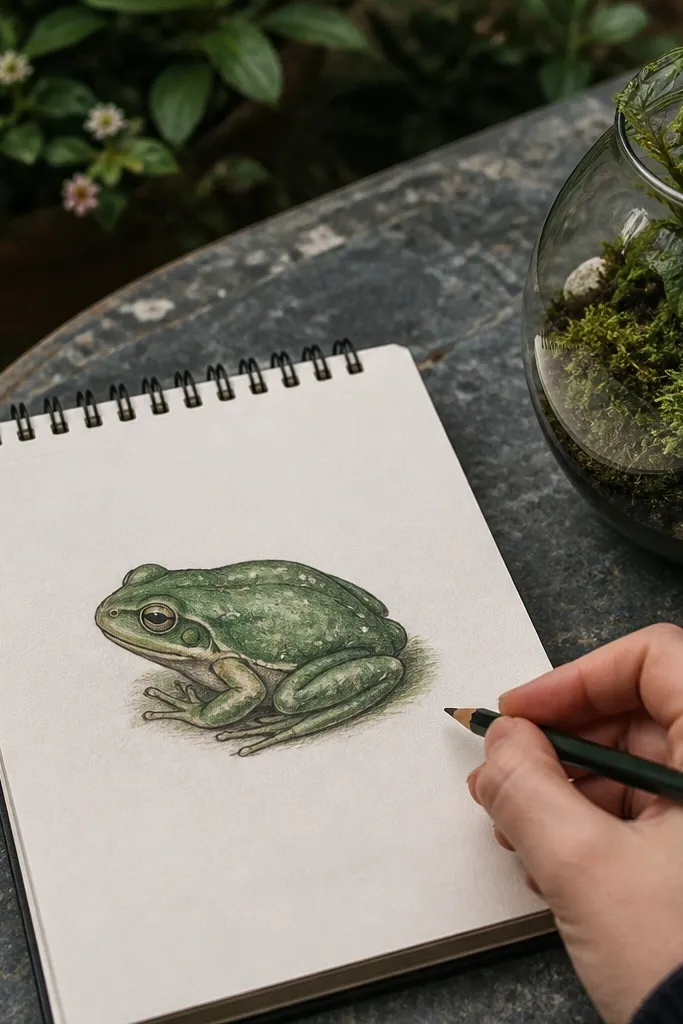 Simple sitting frog with two large eyes, green body, and a lighter belly with small spots