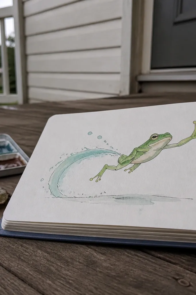 Leaping frog with an arched body, wide eyes, and one foot stretched forward with toe bumps