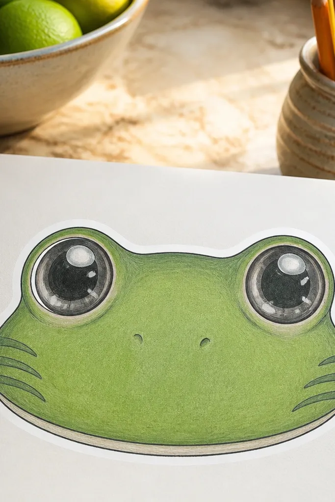Cartoon frog face with two big eyes, a rounded head, and a simple smile