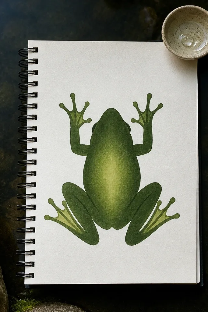 Top-down frog seen from above with webbed toes and a light belly