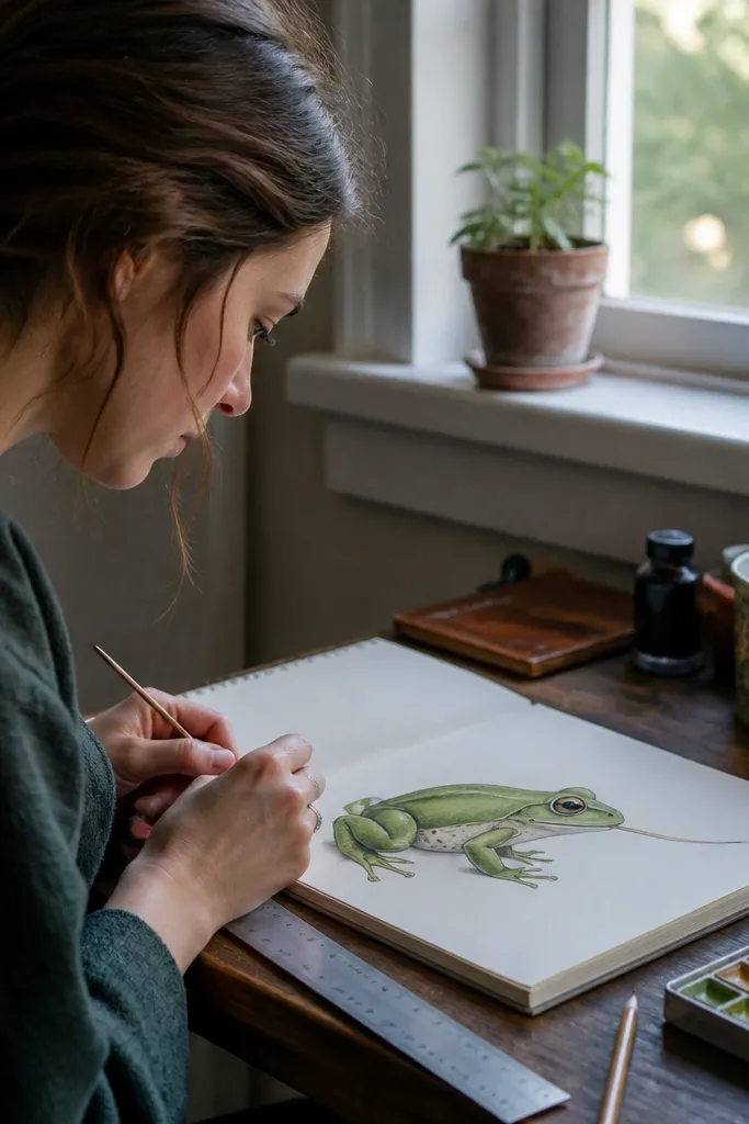 Side-profile frog facing right with one eye, a curved mouth, and a long tongue line