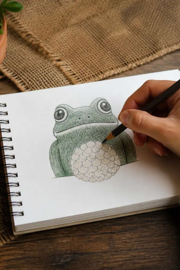 Frog with a green body and a lighter belly patch shaped like a scallop