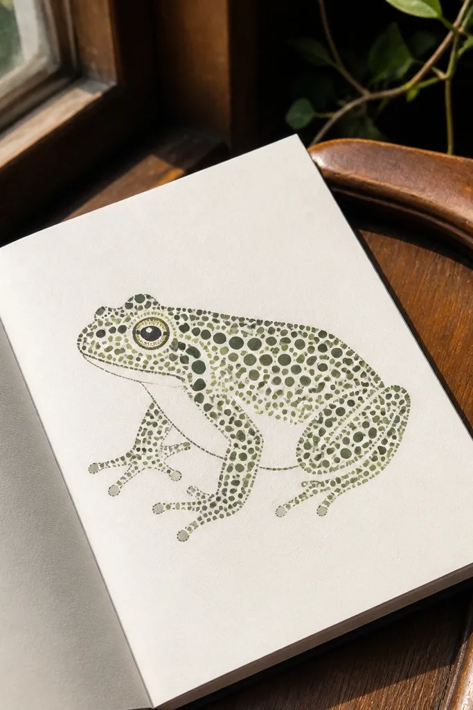 Frog with a rounded head and body covered in small dot warts, simple eyes, and light belly
