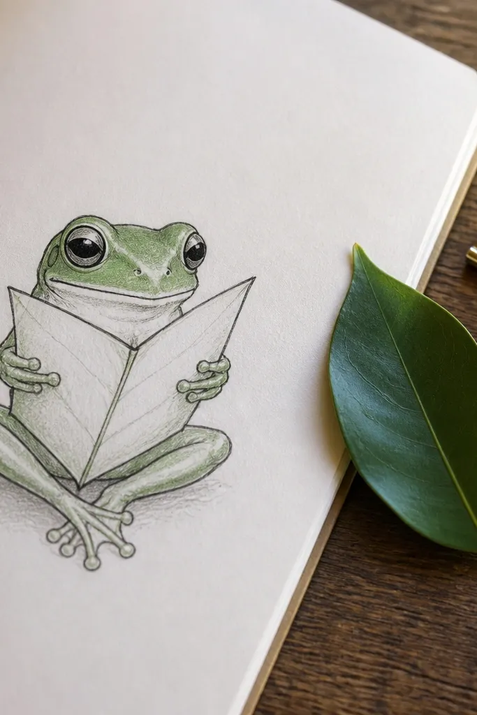 Frog sitting with a small leaf held in front like a book, big eyes, green body