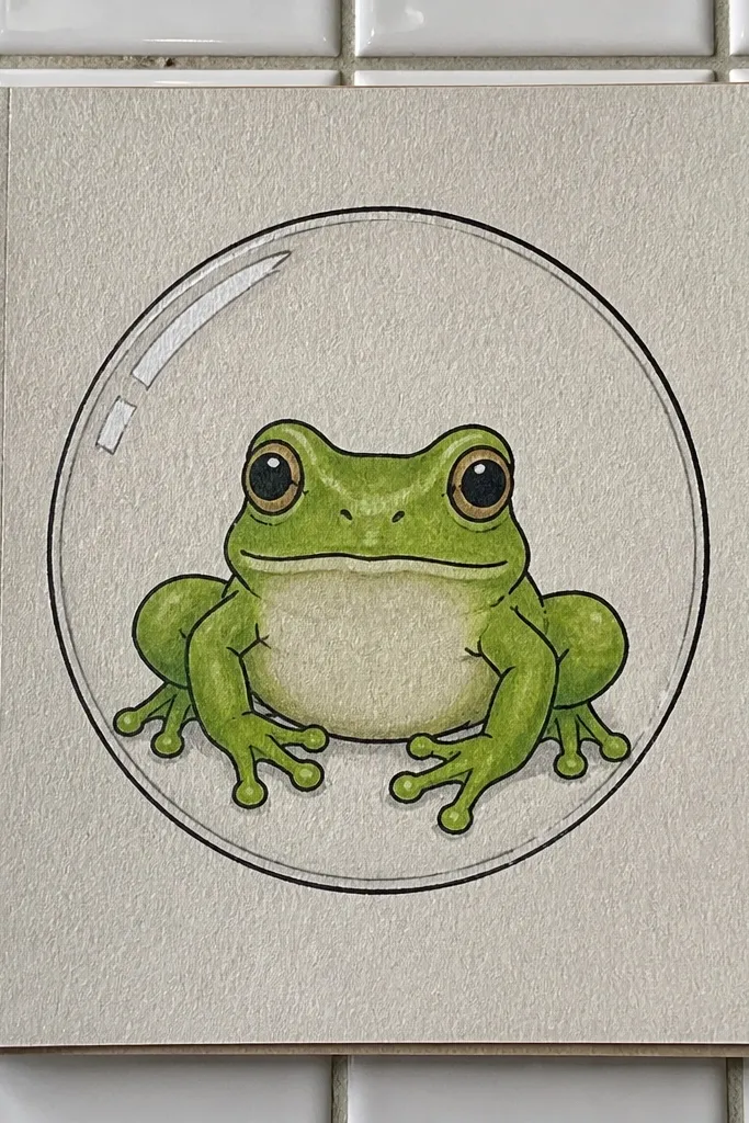 Cute frog inside a hand-drawn bubble circle frame, green body and big eyes