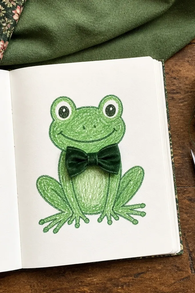 Frog sitting with a small bow tie under its chin, green body, lighter belly