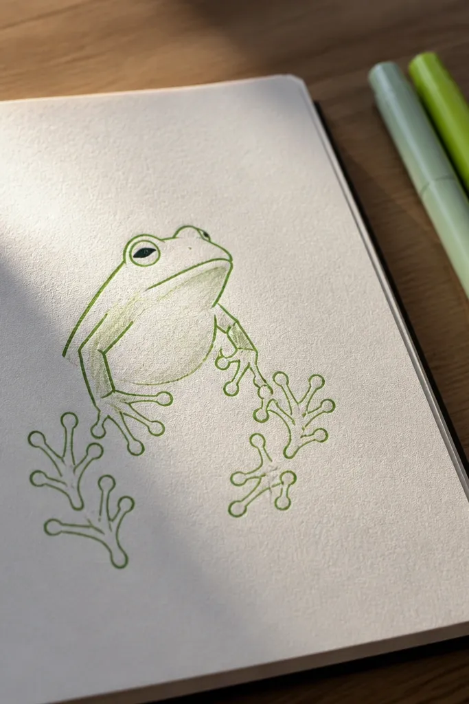 Frog with two footprint-like shapes showing webbed toes, simple head and eyes