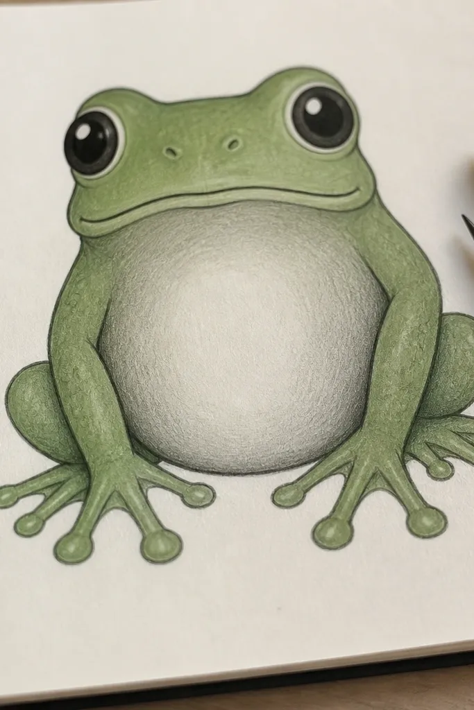 Frog with a green body and a light belly that fades using soft pencil shading, big eyes