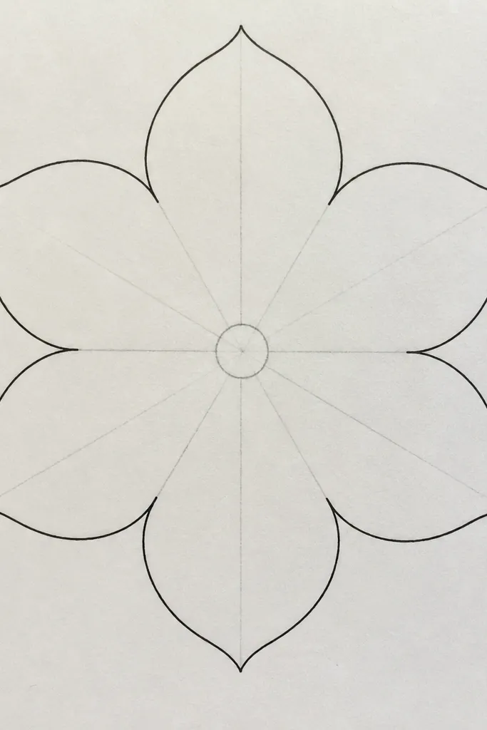 Pencil guide circle with six petal arcs, inked hibiscus outline