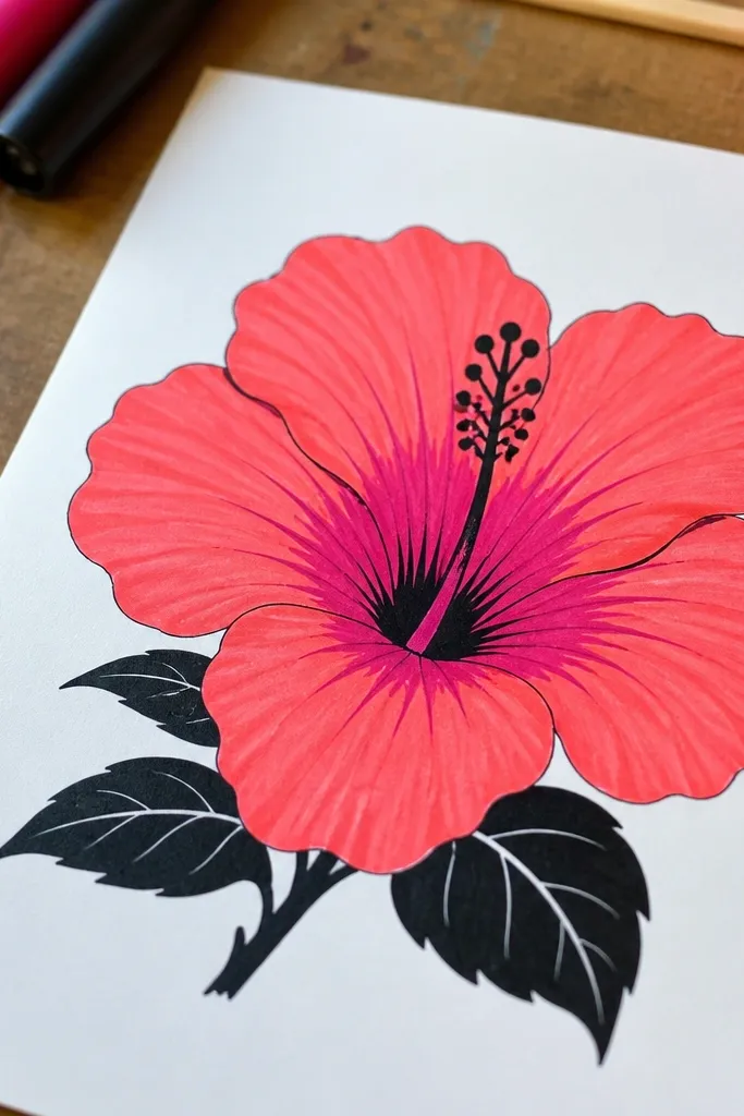Orange and pink hibiscus with solid colored petals and simple stamen
