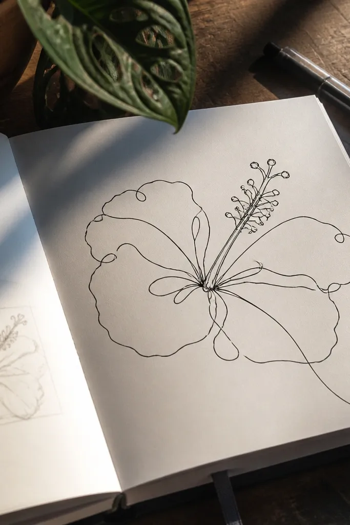Single continuous line hibiscus outline with a simple center