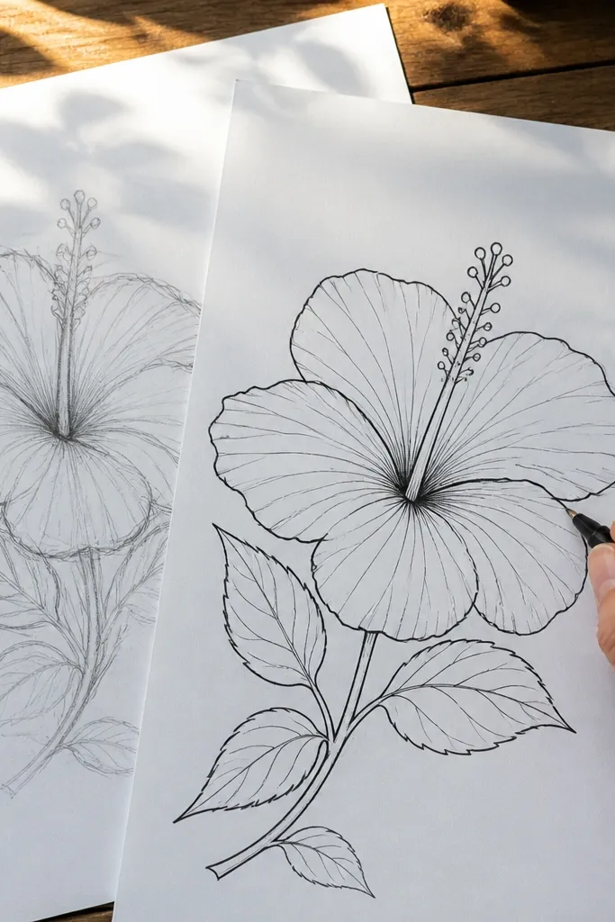 Loose pencil hibiscus sketch cleaned with crisp inked petals and stamen