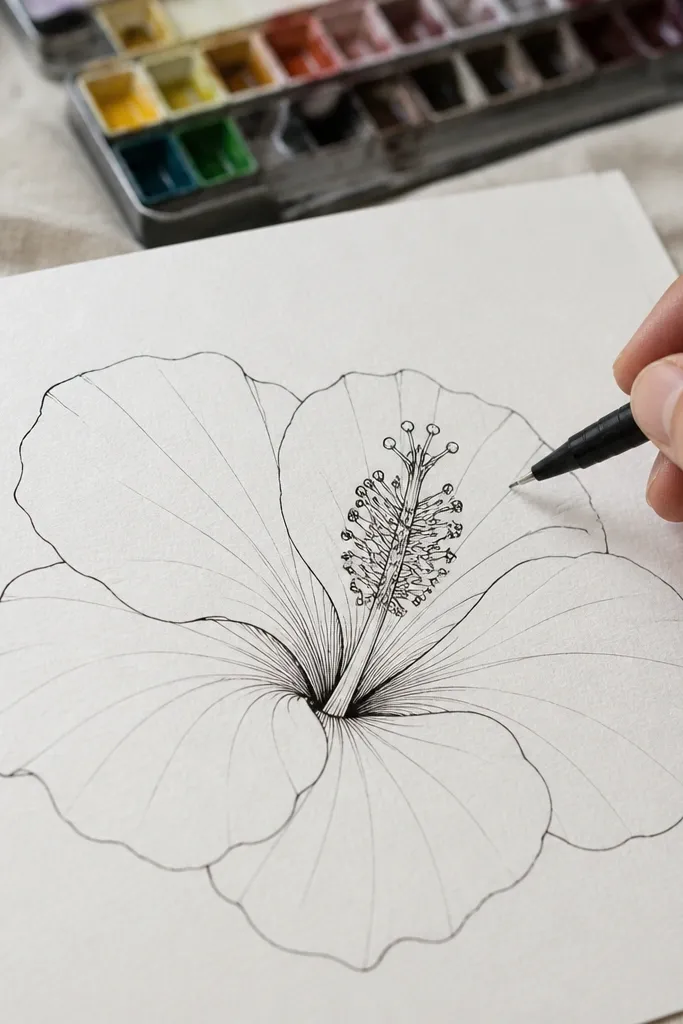 Simple hibiscus petals with a stamen and seed pod
