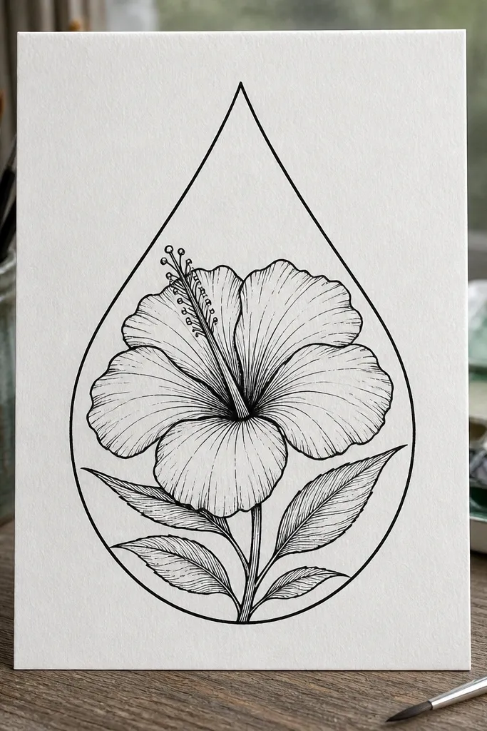 Hibiscus flower drawn inside a teardrop outline frame