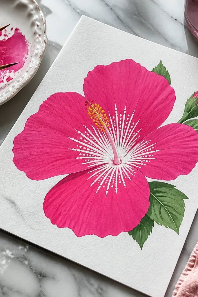 Pink hibiscus with striped throat lines and simple black stamen