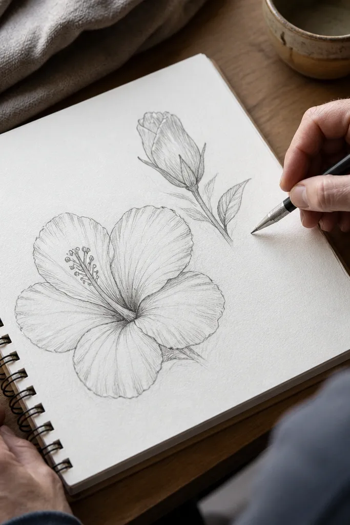 Small hibiscus bud next to a larger open bloom with simple outlines