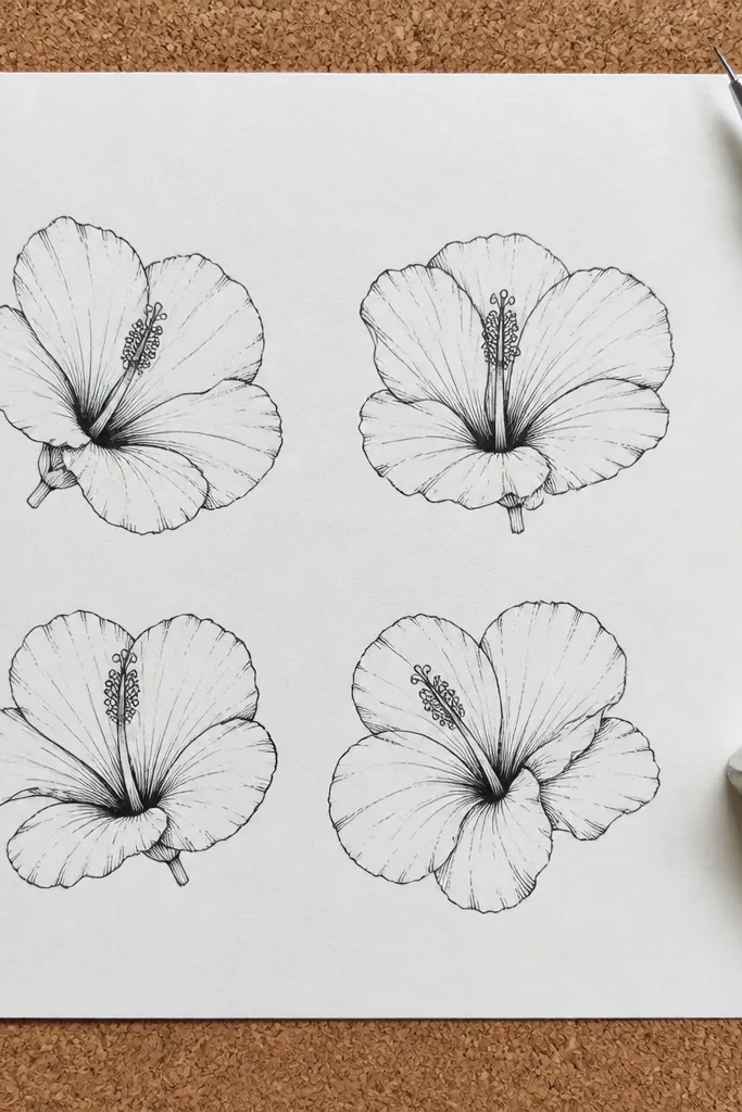 Four small hibiscus drawings arranged like tiles on one page
