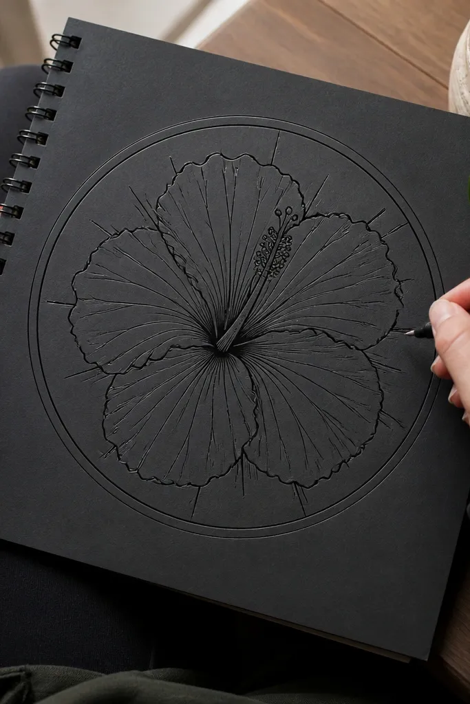 Hibiscus petals drawn as rays around a center with simple ring lines