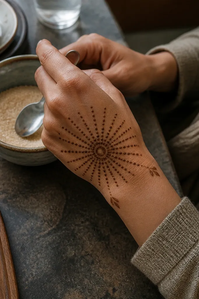 Sunburst dots on back of hand with small leaf corners near wrist