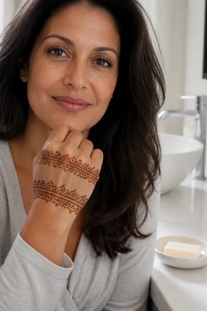 Two horizontal bands on back of hand with simple scrolls and finger dots