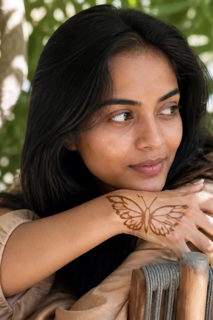 Butterfly wings on back of hand with a thin stem down the center