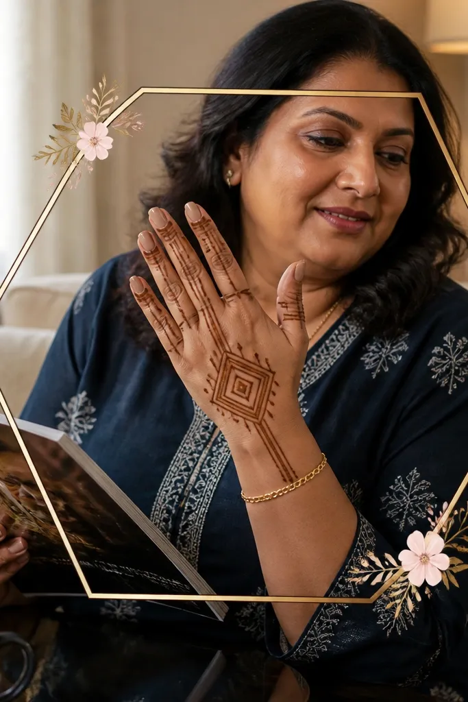 Hexagon frame on back of hand with small flower motifs at corners and finger dots