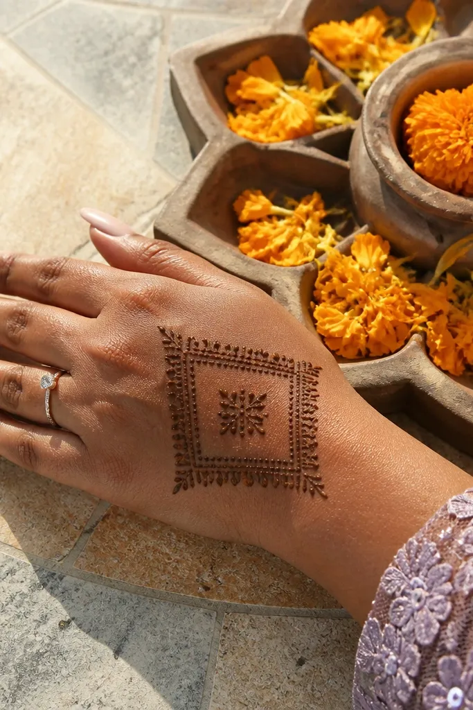 Corner square motif on back of hand with dotted rays and small finger motifs