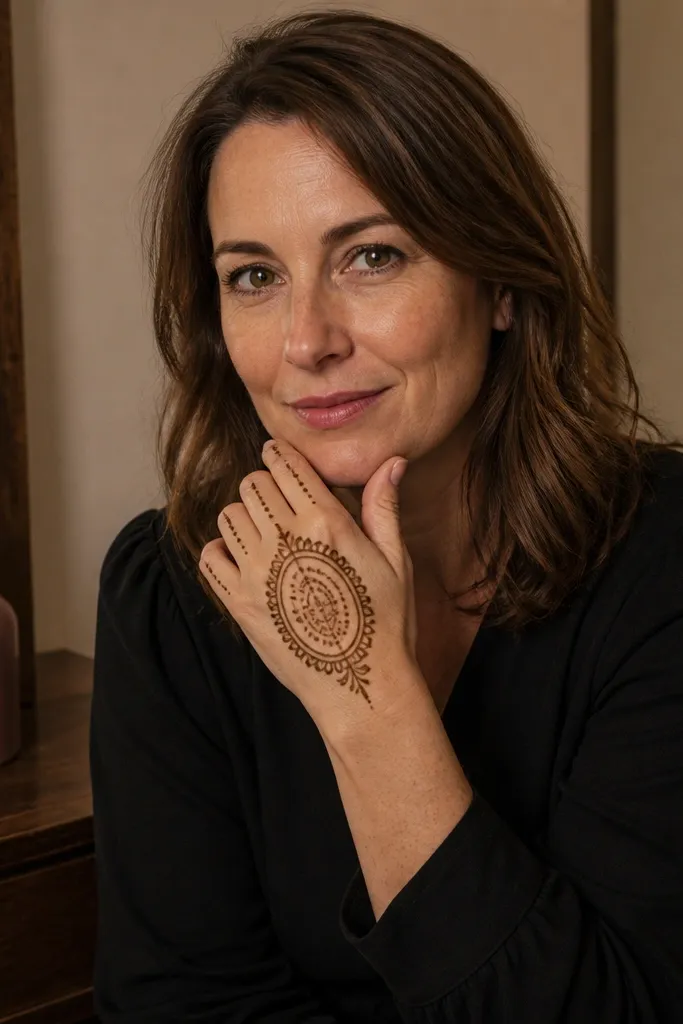 Oval outline frame on back of hand with tiny paisley seeds inside and dotted fingers