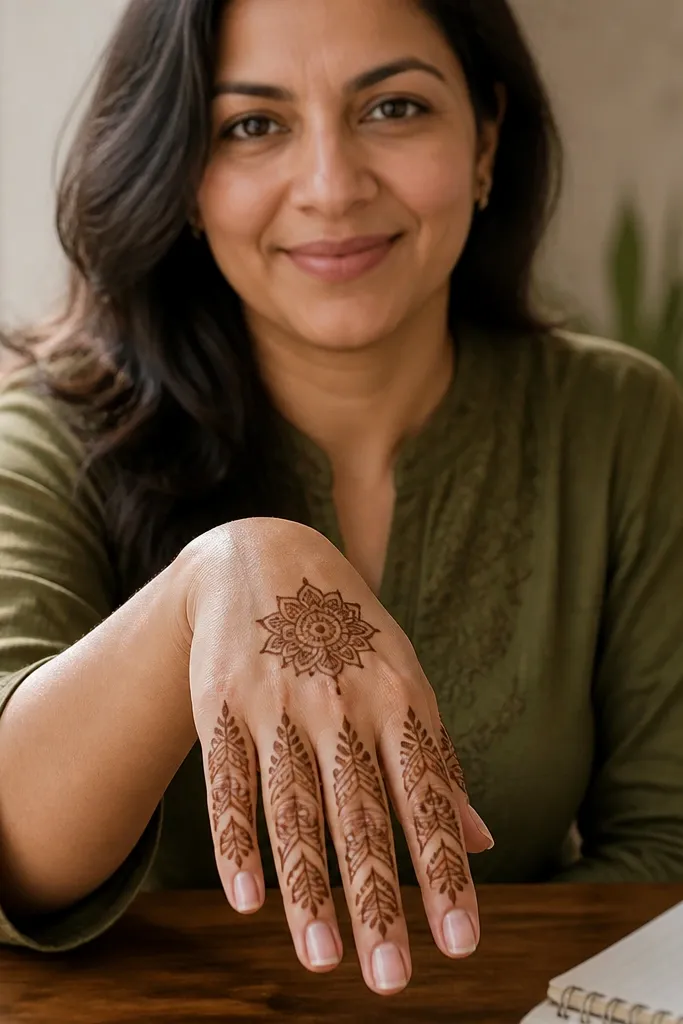 Two leaf arches across each finger with a simple back hand center motif