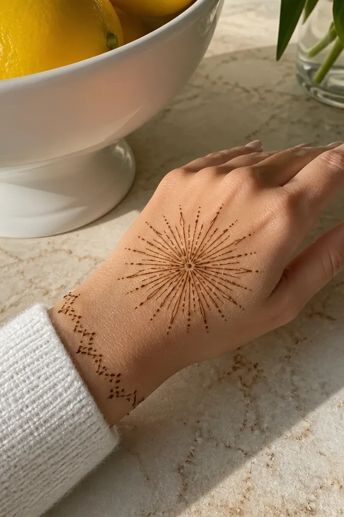 Starburst center on back of hand with tiny sparkle dots and a wrist border