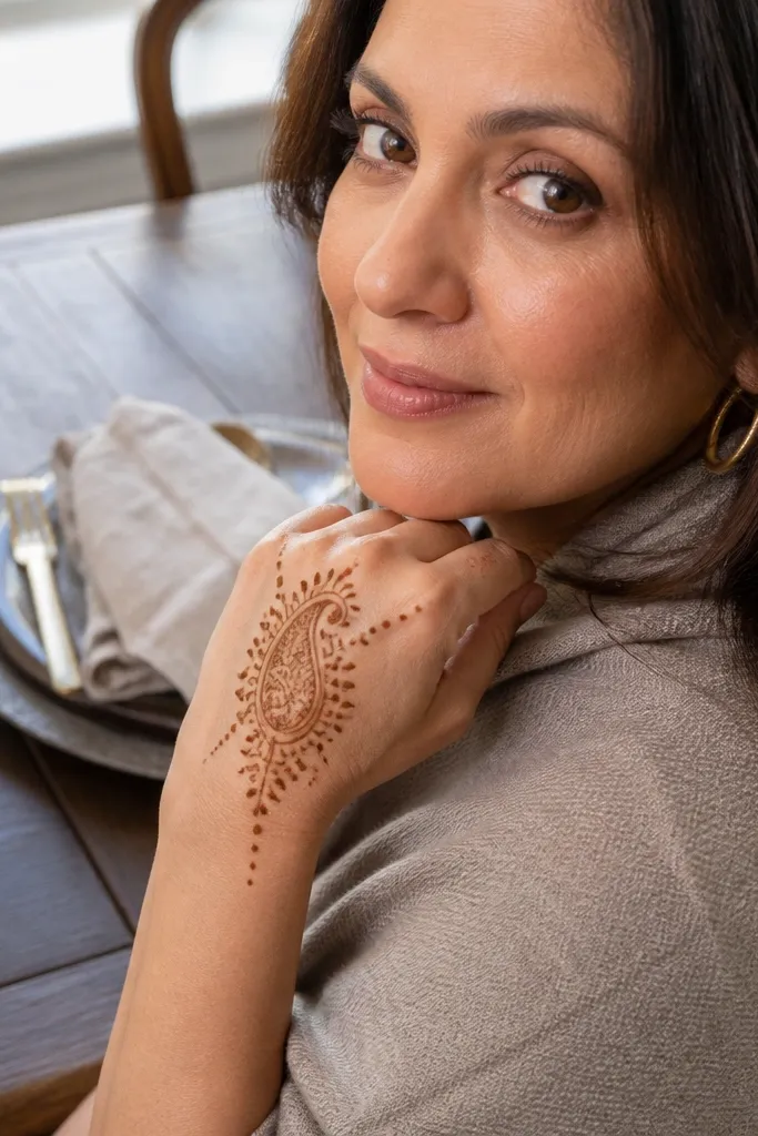 Center paisley with thin outline, small side dots, and minimal finger detailing