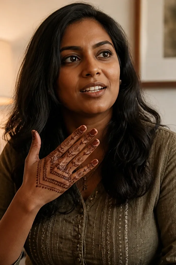 Chevron ladder pattern across back of hand with small finger cap motifs