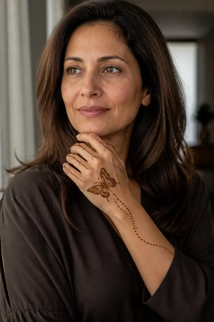 Butterfly wings with a dotted trail leading toward the wrist and light finger dots