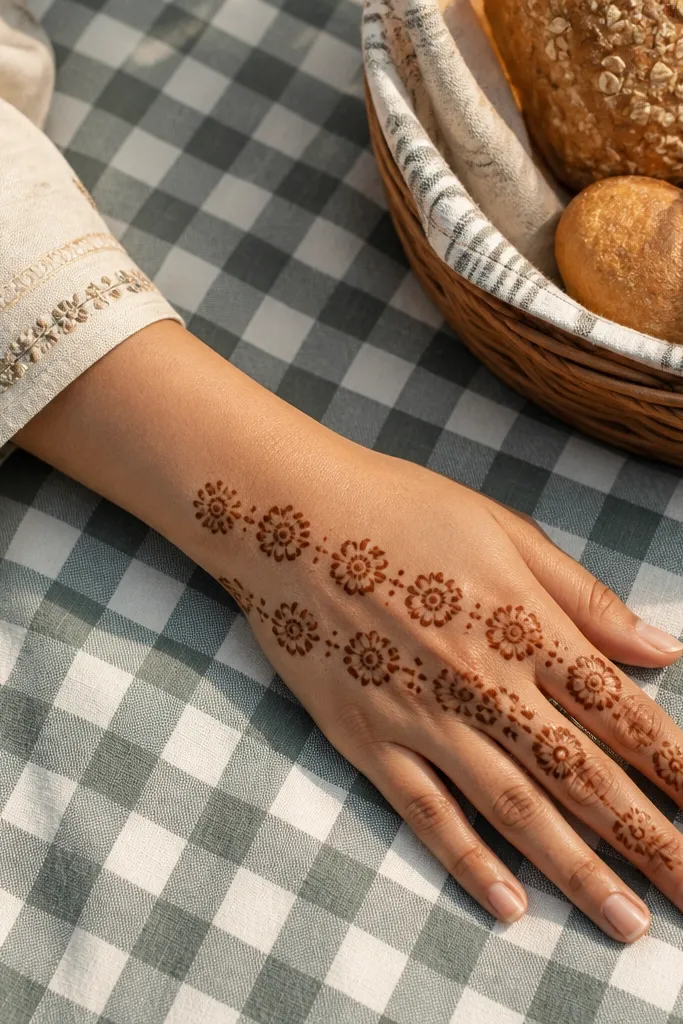 Two rows of small floral motifs on back of hand with dotted finger bases