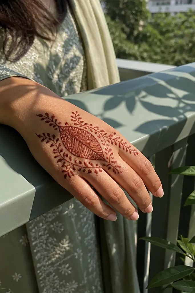 One big leaf on back of hand with short side vines and minimal finger dots