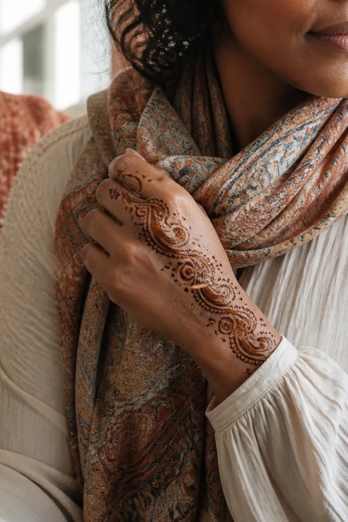 Chain of small paisleys across back of hand with a wrist border and finger dots
