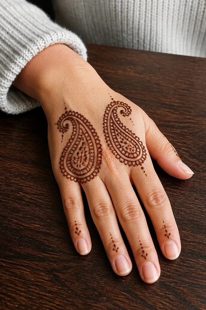 Two paisleys on back of hand with a blank center gap and thin wrist border