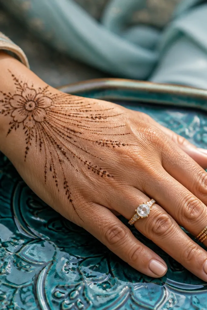 Corner flower on back of hand with diagonal spark lines and minimal finger dots
