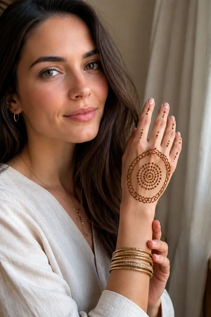 Chain link border at wrist with a center dot spiral on back of hand and finger dots