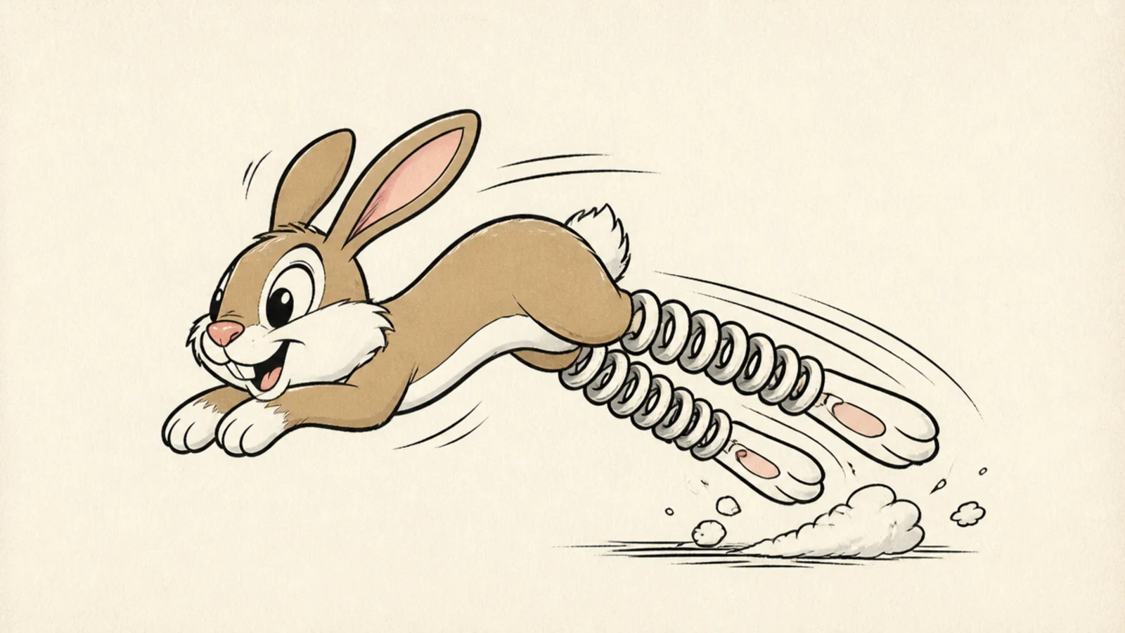 A cartoon bunny mid-hop with stretchy exaggerated legs
