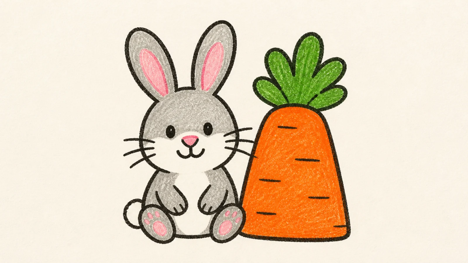 A simple rabbit sitting next to a big carrot