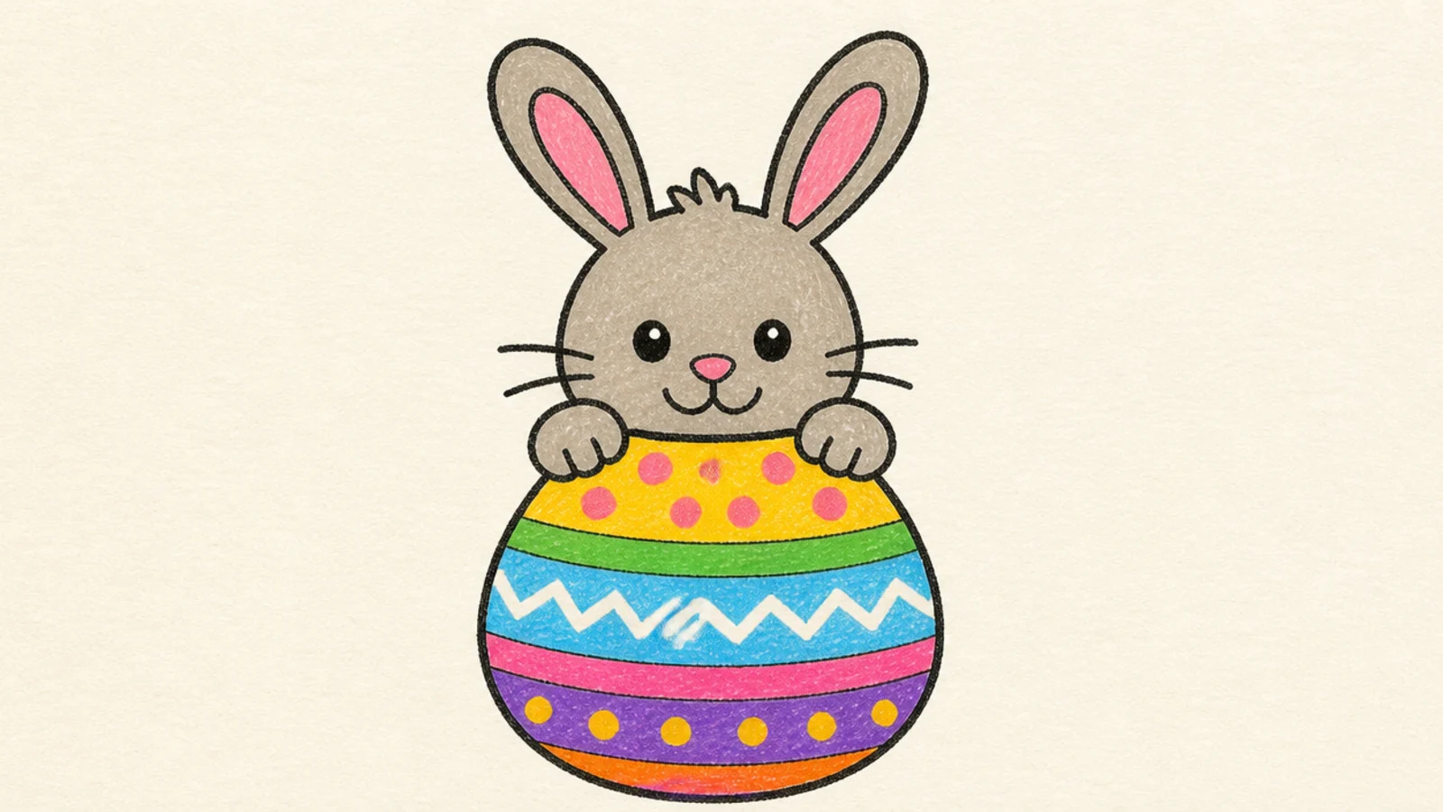 A simple rabbit peeking over a decorated Easter egg