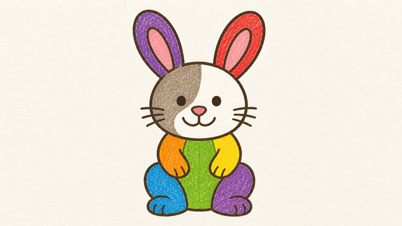 A simple rabbit colored in bright rainbow colors