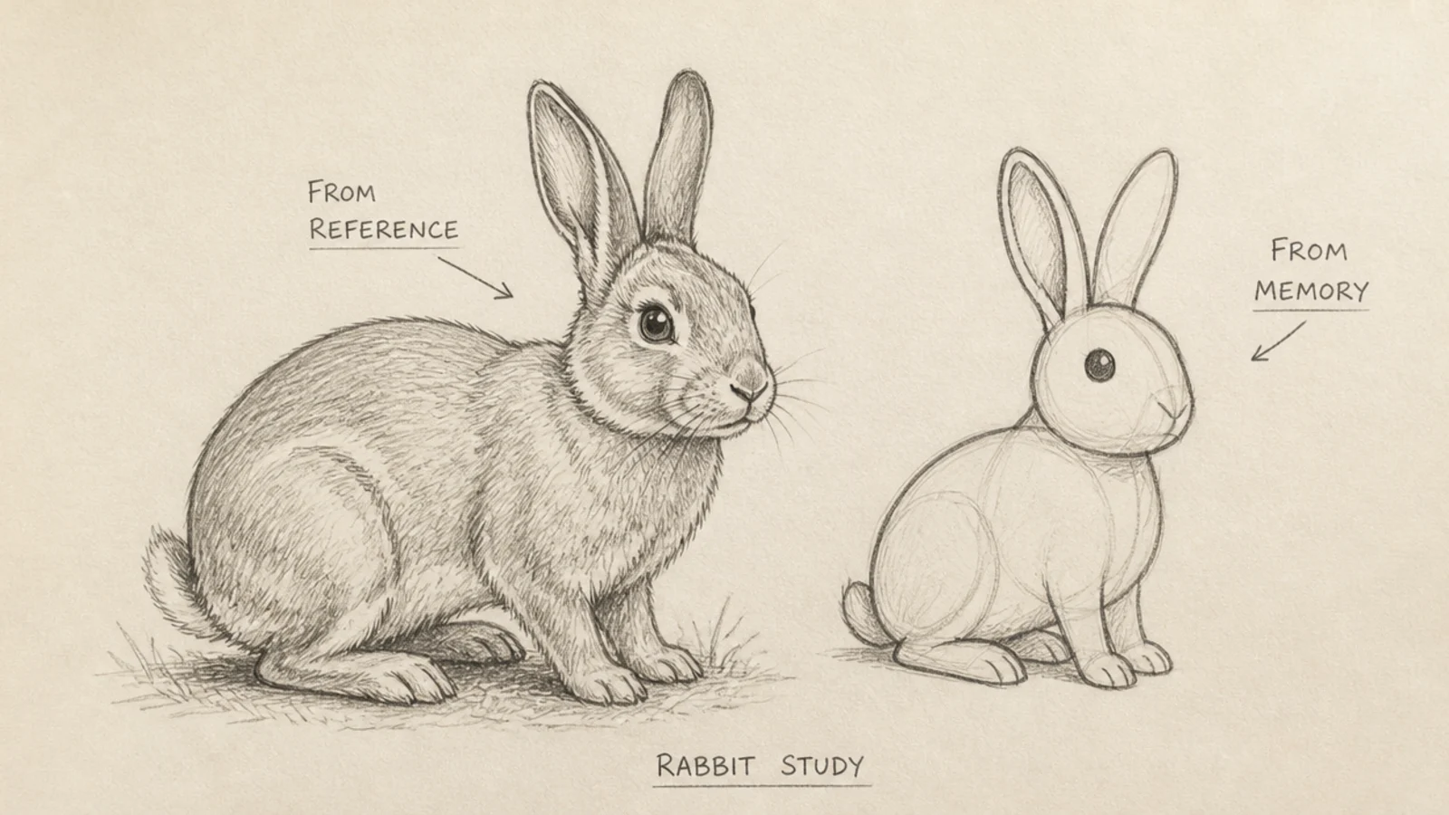 A rabbit drawn from a photo reference beside a stiff one drawn from memory