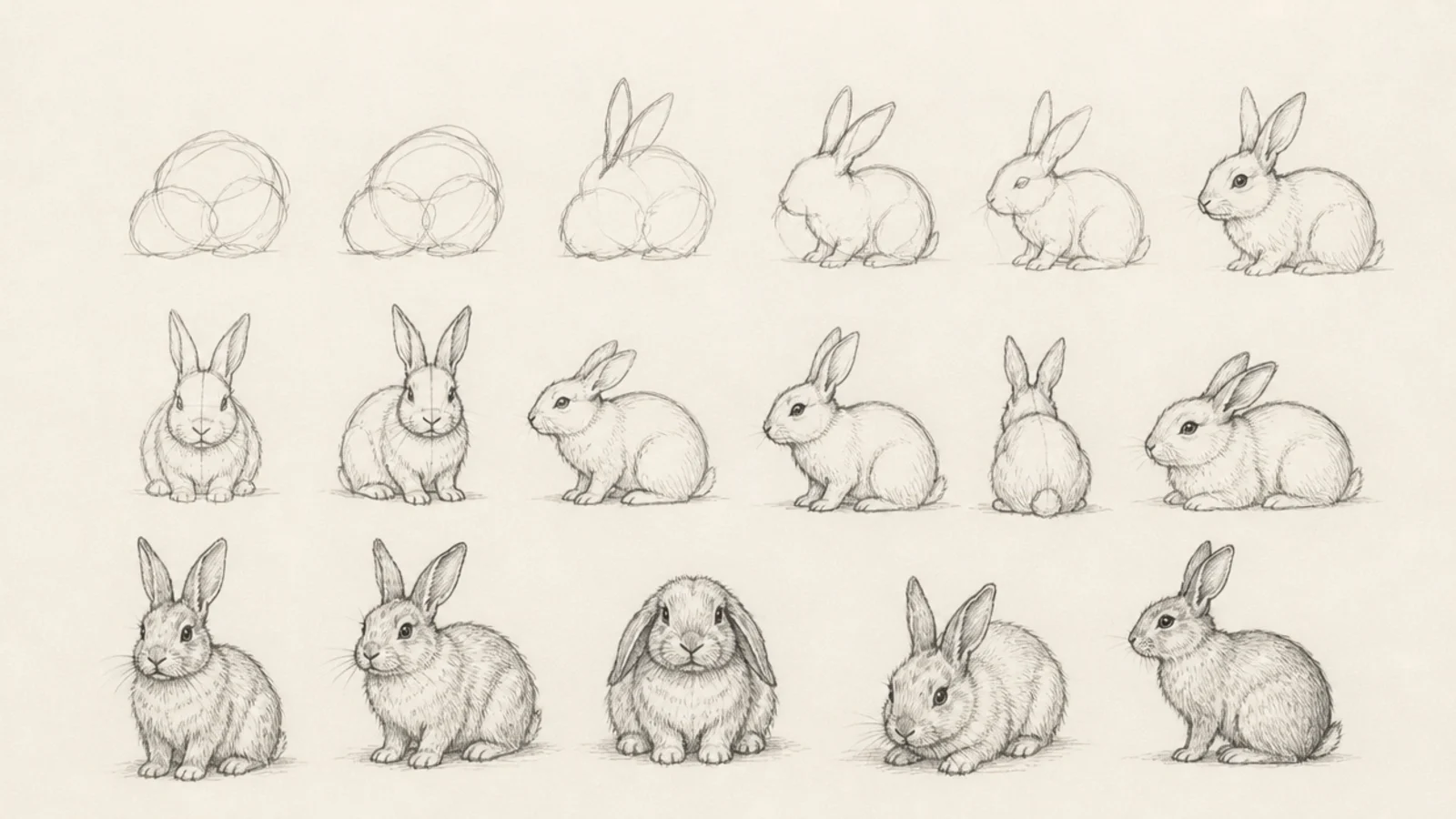 A page of many rabbit studies showing progress across the set