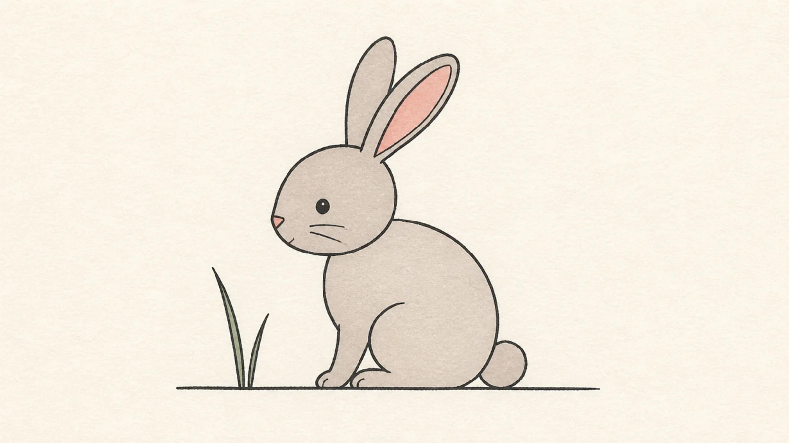 A simple rabbit sitting beside a small plant on the ground