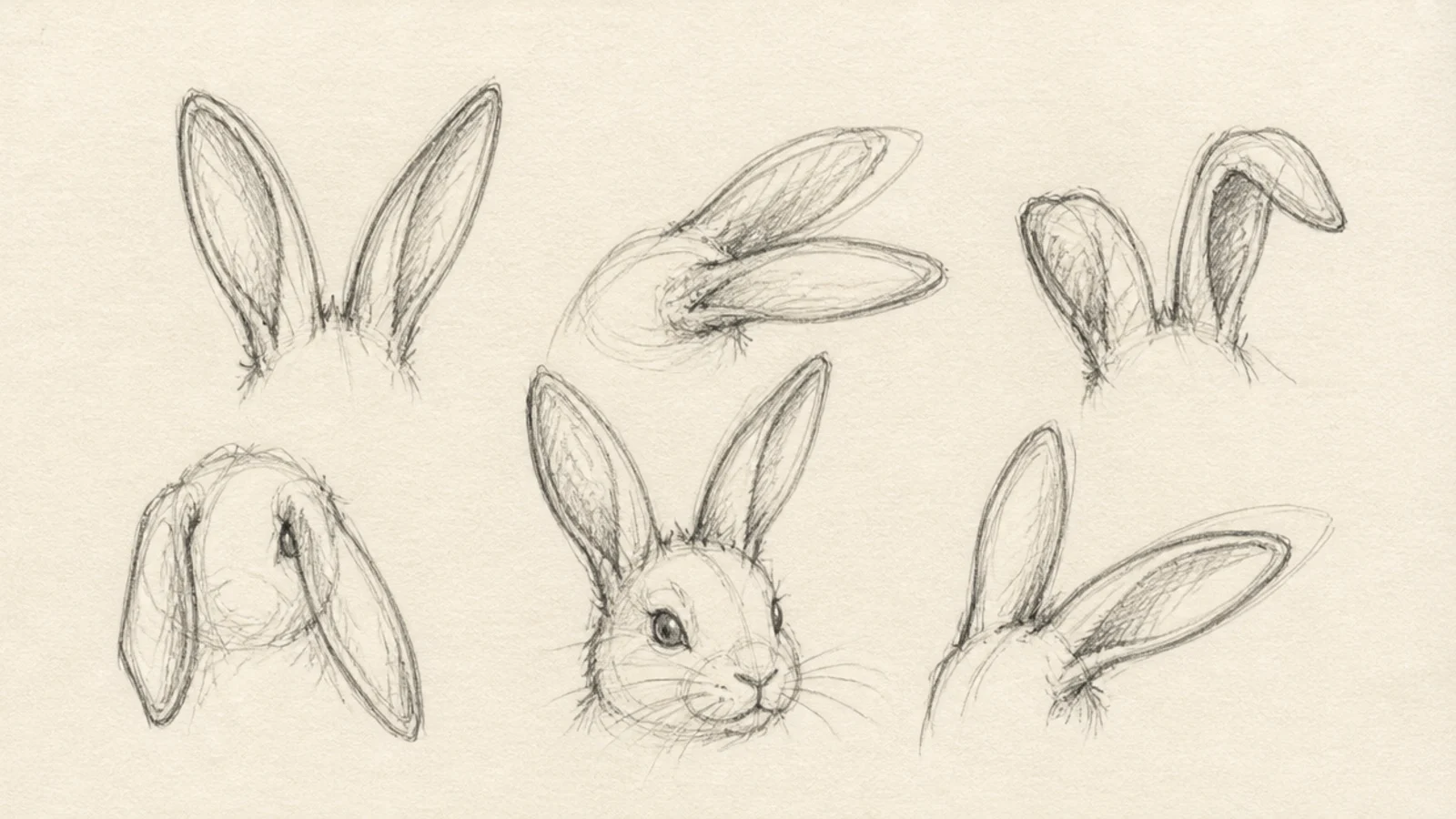 A sketchbook page of multiple rabbit ear studies